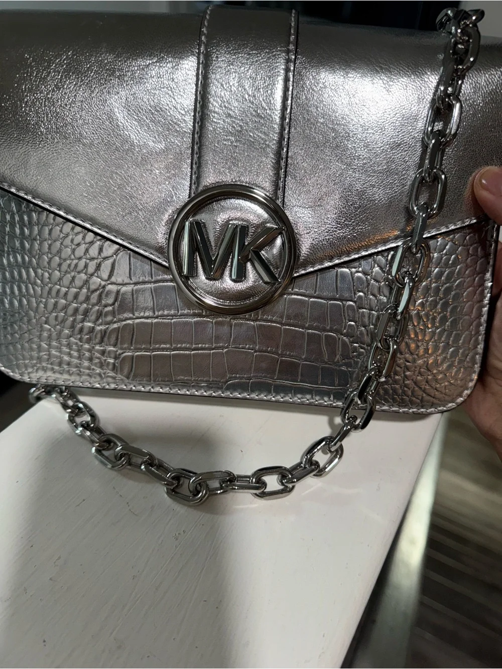 Michael Kors Metallic Silver MK Chain Crossbody Bag